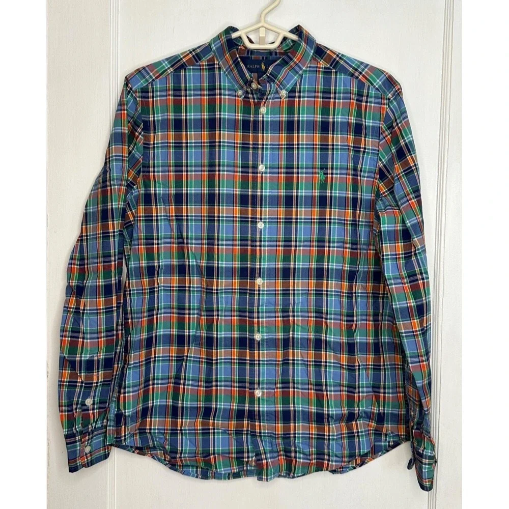 Ralph Lauren Boys Size XL 18-20 Blue Green Orange Plaid Button Up Shirt